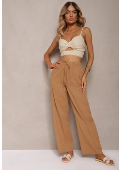 Jasnobrązowe Szerokie Spodnie z Lnem i Bawełną z Gumką w Talii Axidata ze sklepu Renee odzież w kategorii Spodnie damskie - zdjęcie 173277847