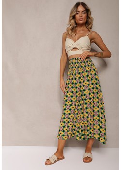 Żółto-Zielone Szerokie Spodnie Culottes z Bawełnianej Tkaniny w Mozaikowy Wzór Miratte ze sklepu Renee odzież w kategorii Spodnie damskie - zdjęcie 173277855