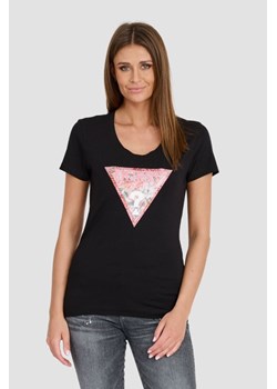 GUESS Czarny t-shirt Satin Triangle Tee, Wybierz rozmiar XL ze sklepu outfit.pl w kategorii Bluzki damskie - zdjęcie 173281499