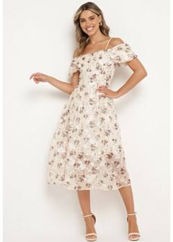 Beżowa Sukienka z Hiszpańskim Dekoltem i Bufiastymi Rękawami w Kwiatowy Wzór Mesbia ze sklepu Born2be Odzież w kategorii Sukienki - zdjęcie 173283077