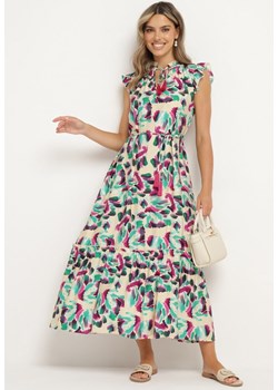 Beżowo-Fioletowa Rozkloszowana Sukienka z Materiałowym Paskiem w Talii i Wiązanym Dekoltem Dimorri ze sklepu Born2be Odzież w kategorii Sukienki - zdjęcie 173283259