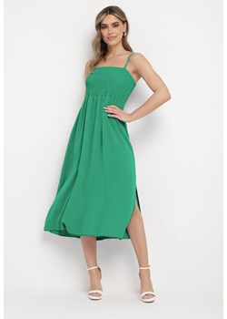 Zielona Sukienka na Cienkich Ramiączkach z Marszczoną Górą Ebissa ze sklepu Born2be Odzież w kategorii Sukienki - zdjęcie 173285527