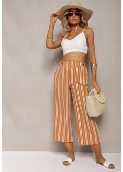 Pomarańczowe Szerokie Spodnie z Gumką w Pasie i Printem w Paski Jamiena ze sklepu Renee odzież w kategorii Spodnie damskie - zdjęcie 173285995