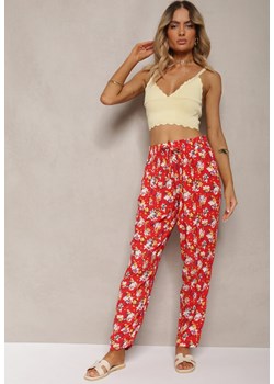 Czerwone Wiskozowe Spodnie z Gumką w Pasie w Kwiatowy Wzór Tellnama ze sklepu Renee odzież w kategorii Spodnie damskie - zdjęcie 173286095