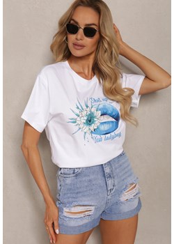 Biało-Niebieski Bawełniany T-shirt Koszulka z Krótkim Rękawem i Nadrukiem Gravilla ze sklepu Renee odzież w kategorii Bluzki damskie - zdjęcie 173286139