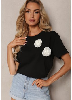 Czarny Bawełniany T-shirt z Ozdobną Aplikacją Kwiatu Risabelle ze sklepu Renee odzież w kategorii Bluzki damskie - zdjęcie 173286149