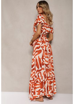 Pomarańczowa Sukienka z Wiskozy z Trójkątnym Dekoltem i Gumką w Pasie z Materiałowym Paskiem Viketa ze sklepu Renee odzież w kategorii Sukienki - zdjęcie 173286326