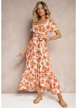 Pomarańczowa Rozkloszowana Sukienka z Wiskozy z Gumką w Pasie i Materiałowym Paskiem Vikllia ze sklepu Renee odzież w kategorii Sukienki - zdjęcie 173286479