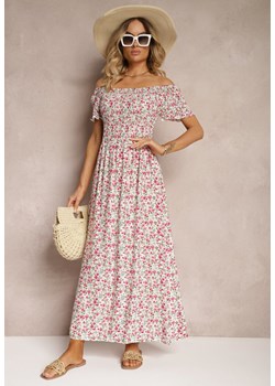 Biało-Różowa Kwiecista Sukienka Hiszpanka z Wiskozy z Gumką w Talii Naadia ze sklepu Renee odzież w kategorii Sukienki - zdjęcie 173286499
