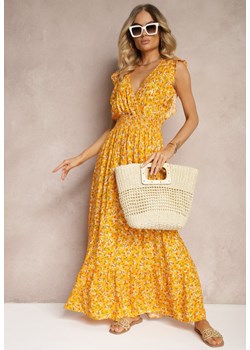 Żółta Sukienka z Wiskozy o Rozkloszowanym Kroju z Gumką w Pasie i Falbankami Xardia ze sklepu Renee odzież w kategorii Sukienki - zdjęcie 173286509