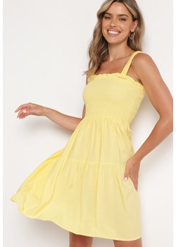 Żółta Sukienka na Ramiączkach z Gumką w Talii i Falbankami Tiamaree ze sklepu Born2be Odzież w kategorii Sukienki - zdjęcie 173293256