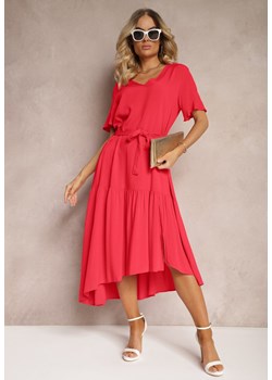 Czerwona Pudełkowa Sukienka z Falbankami i Materiałowym Paskiem w Talii Dimrias ze sklepu Renee odzież w kategorii Sukienki - zdjęcie 173296389