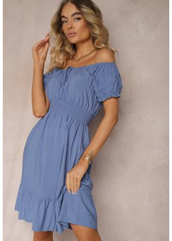 Niebieska   Sukienka z Wiskozy z Gumkami w Talii i Dekoltem ze Ściągaczem Tiimazela ze sklepu Renee odzież w kategorii Sukienki - zdjęcie 173296469