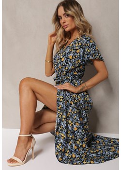 Granatowo-Żółta Sukienka z Bawełny Kopertowa z Paskiem w Talii w Kwiatowy Print Risalline ze sklepu Renee odzież w kategorii Sukienki - zdjęcie 173296479