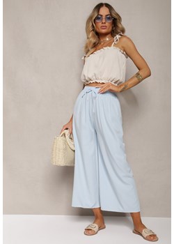 Jasnoniebieskie Spodnie High Waist z Szerokimi Nogawkami z Wiskozą Wykończone Gumką w Talii Crisantas ze sklepu Renee odzież w kategorii Spodnie damskie - zdjęcie 173296499