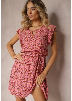 Różowa Sukienka z Bawełny z Gumką w Pasie i Falbanką Dimllea ze sklepu Renee odzież w kategorii Sukienki - zdjęcie 173296579