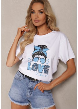 Biało-Niebieski T-shirt z Bawełny Ozdobiony Nadrukiem Tarvilla ze sklepu Renee odzież w kategorii Bluzki damskie - zdjęcie 173296589