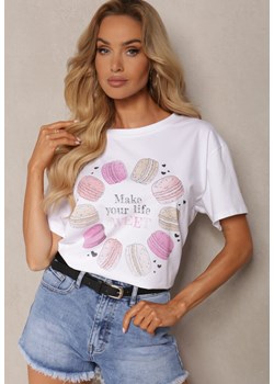 Różowy T-shirt z Bawełny z Ozdobnym Nadrukiem i Cyrkoniami Tessera ze sklepu Renee odzież w kategorii Bluzki damskie - zdjęcie 173296619