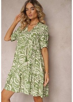 Zielona Sukienka z Bawełną i Wiskozą Ozdobiona Wiązanym Paskiem i Falbaną Dimttri ze sklepu Renee odzież w kategorii Sukienki - zdjęcie 173296719