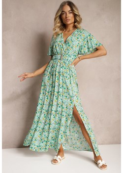 Zielona Kopertowa Sukienka z Wiskozy z Materiałowym Paskiem i Gumką w Talii z Rozcięciem Vikali ze sklepu Renee odzież w kategorii Sukienki - zdjęcie 173296838