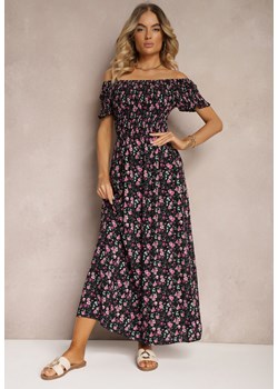 Czarno-Różowa Kwiecista Sukienka Hiszpanka z Wiskozy z Gumką w Talii Naadia ze sklepu Renee odzież w kategorii Sukienki - zdjęcie 173296879