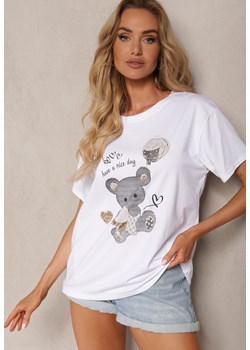 Biało-Beżowy Bawełniany T-shirt Koszulka z Krótkim Rękawem i Nadrukiem Risaette ze sklepu Renee odzież w kategorii Bluzki damskie - zdjęcie 173301585