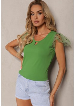 Zielony Top z Bawełny z Ozdobną Siateczką na Ramionach Tilefia ze sklepu Renee odzież w kategorii Bluzki damskie - zdjęcie 173301605
