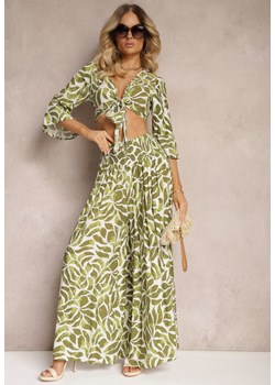 Zielony Komplet 2-Częściowy Bluzka Narzutka z Wiązaniem Spodnie z Szerokimi Nogawkami Sanema ze sklepu Renee odzież w kategorii Komplety i garnitury damskie - zdjęcie 173301706