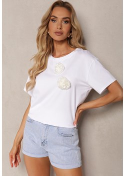 Biały Bawełniany T-shirt z Ozdobną Aplikacją Kwiatu Risabelle ze sklepu Renee odzież w kategorii Bluzki damskie - zdjęcie 173301716