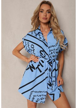 Niebieska Sukienka o Koszulowym Kroju z Materiałowym Paskiem i Wzorem w Kształcie Napisów Horetta ze sklepu Renee odzież w kategorii Sukienki - zdjęcie 173304705