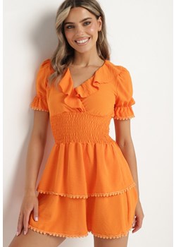 Pomarańczowa Sukienka o Rozkloszowanym Kroju z Gumką w Pasie i Ozdobnymi Falbankami Werdia ze sklepu Born2be Odzież w kategorii Sukienki - zdjęcie 173305117