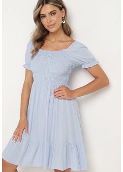 Jasnoniebieska Sukienka z Bawełny z Elastycznym Dekoltem i Falbanką Loridia ze sklepu Born2be Odzież w kategorii Sukienki - zdjęcie 173305286