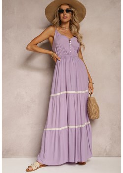 Fioletowa Sukienka Zapinana na Guziki na Ramiączkach z Gumką w Talii i Falbanką Tiamalia ze sklepu Renee odzież w kategorii Sukienki - zdjęcie 173307427