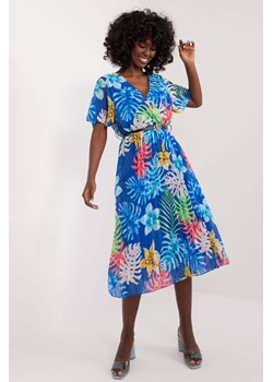 Niebieska plisowana sukienka w kwiaty midi z paskiem ze sklepu 5.10.15 w kategorii Sukienki - zdjęcie 173307995