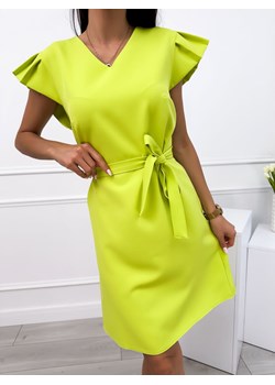 Limonkowa Sukienka z Ozdobnym Rękawkiem ze sklepu ModnaKiecka.pl w kategorii Sukienki - zdjęcie 173309439