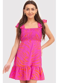 Sukienka mini z falbanką DA1721, Kolor różowy-wzór, Rozmiar L, AX Paris ze sklepu Primodo w kategorii Sukienki - zdjęcie 173314075