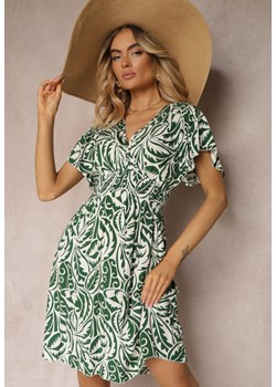 Zielono-Beżowa Wiskozowa Sukienka o Rozkloszowanym Kroju z Kopertowym Dekoltem Lereria ze sklepu Renee odzież w kategorii Sukienki - zdjęcie 173322316