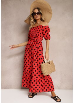 Czerwona Bawełniana Sukienka z Marszczonym Dekoltem i Materiałowym Paskiem Tesaya ze sklepu Renee odzież w kategorii Sukienki - zdjęcie 173327685