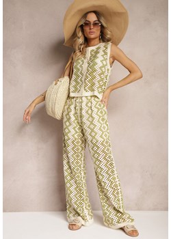 Zielono-Beżowe Spodnie z Szerokimi Nogawkami o Ażurowym Wykończeniu z Gumką w Pasie i High Waist Suetta ze sklepu Renee odzież w kategorii Spodnie damskie - zdjęcie 173327766