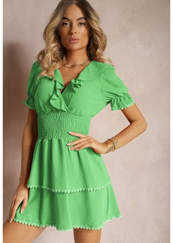 Zielona Rozkloszowana Sukienka z Gumką w Talii i Ozdobnymi Falbankami przy Dekolcie Arcidia ze sklepu Renee odzież w kategorii Sukienki - zdjęcie 173327776