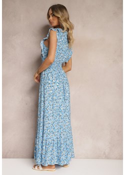 Niebieska Sukienka z Wiskozy o Rozkloszowanym Kroju z Gumką w Pasie i Falbankami Xardia ze sklepu Renee odzież w kategorii Sukienki - zdjęcie 173327935
