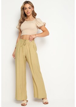 Beżowe Spodnie z Gumką w Pasie Angelona ze sklepu Born2be Odzież w kategorii Spodnie damskie - zdjęcie 173327987
