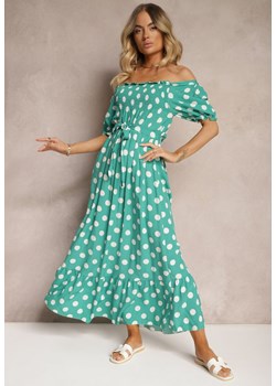 Zielona Bawełniana Sukienka z Marszczonym Dekoltem i Materiałowym Paskiem Tesaya ze sklepu Renee odzież w kategorii Sukienki - zdjęcie 173337909