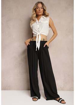 Czarne Szerokie Spodnie z Lnem i Bawełną o Kroju Palazzo High Waist Vikaela ze sklepu Renee odzież w kategorii Spodnie damskie - zdjęcie 173337989