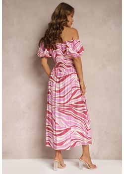 Ciemnoróżowa Sukienka z Bawełną i Wiskozą Ściągana przy Dekolcie Dimittha ze sklepu Renee odzież w kategorii Sukienki - zdjęcie 173338016