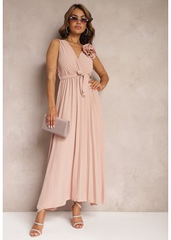 Różowa Koktajlowa Sukienka Plisowana z Kwiatową Broszką Paskiem i Gumką w Talii Viknna ze sklepu Renee odzież w kategorii Sukienki - zdjęcie 173338237