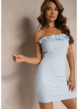 Niebieska Prążkowana Sukienka Bandeau bez Ramiączek z Dekoltem Ozdobionym Falbanką Vikotta ze sklepu Renee odzież w kategorii Sukienki - zdjęcie 173338606