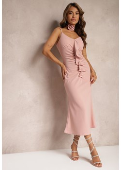 Różowa Wieczorowa Sukienka na Ramiączkach z Chokerem w Kształcie Róży z Rozcięciem Ervidia ze sklepu Renee odzież w kategorii Sukienki - zdjęcie 173338669