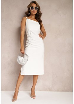 Biała Wieczorowa Sukienka na Ramiączkach z Asymetrycznym Dekoltem i Marszczeniem Devindia ze sklepu Renee odzież w kategorii Sukienki - zdjęcie 173338675