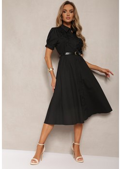 Czarna Sukienka w Koszulowym Stylu z Paskiem Ozdobiona Koronką Ilidia ze sklepu Renee odzież w kategorii Sukienki - zdjęcie 173338689